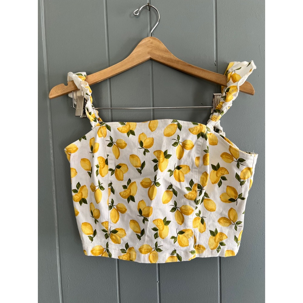 Lemon Print Crop Top Corset Knotted Strap Zip Back‎ Cute Lemons XS-S Cottagecore